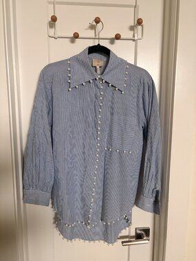 Me Me Me Pearl Embellished Blue Striped Button Down Shirt XS